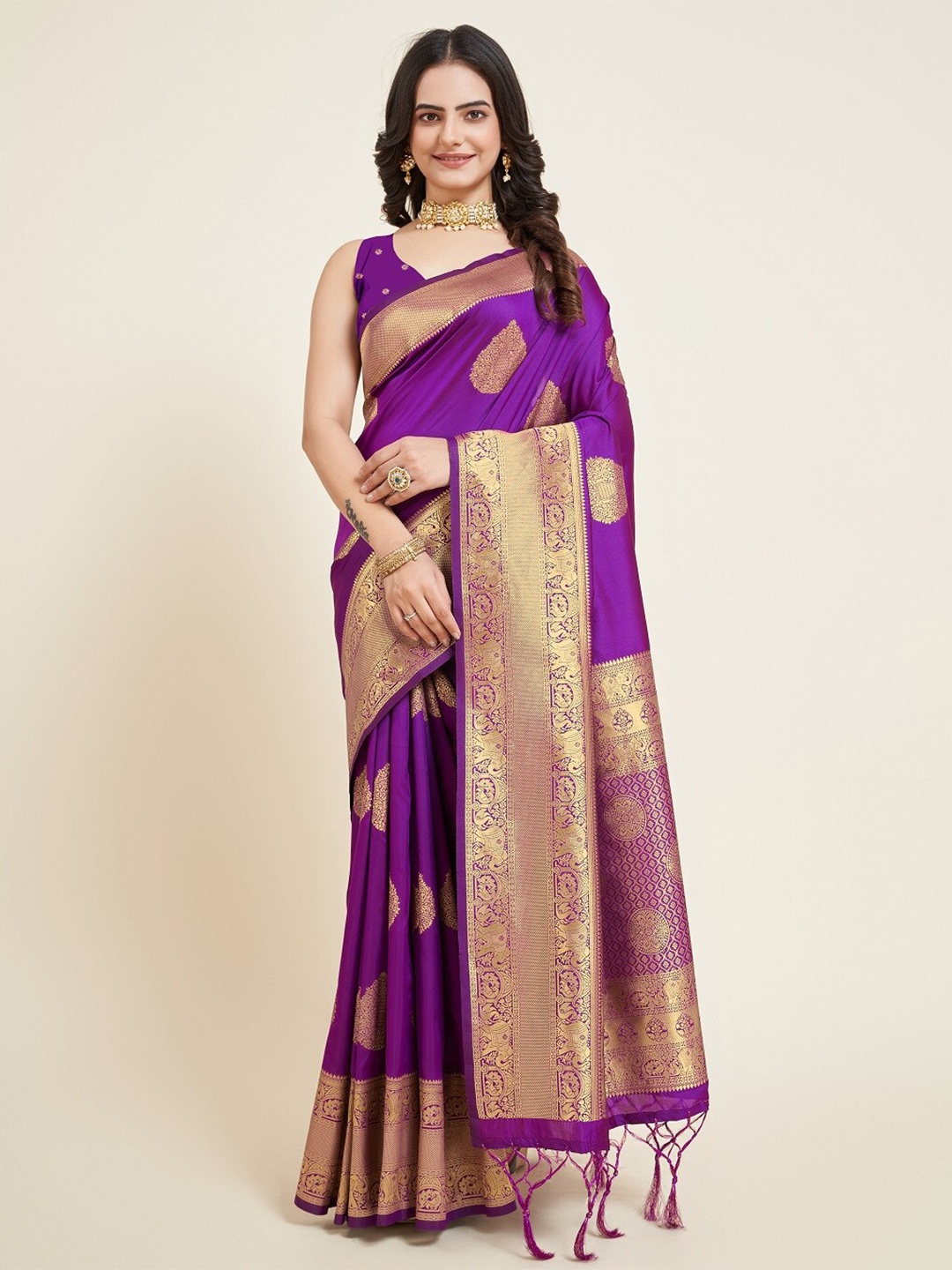 

Nimidiya Woven Design Ethnic Motifs Zari Banarasi Saree, Purple