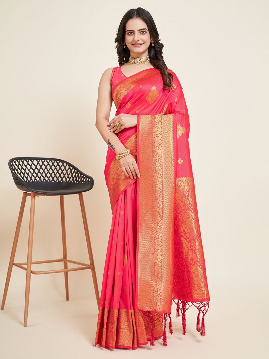 

Nimidiya Woven Design Zari Banarasi Saree with Tassels, Peach