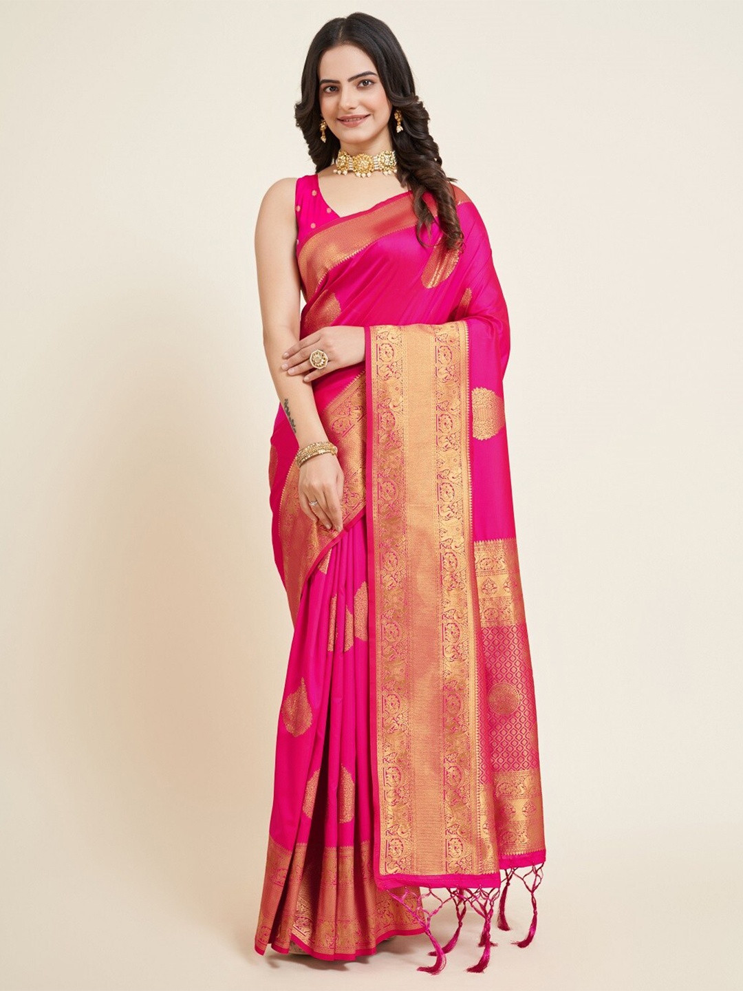 

Nimidiya Woven Design Ethnic Motifs Zari Banarasi Saree, Pink