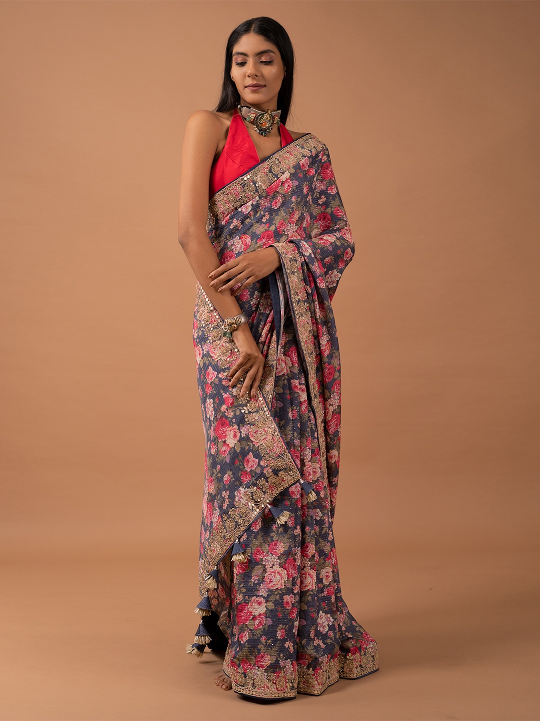 

saree.com Floral Printed Saree, Blue