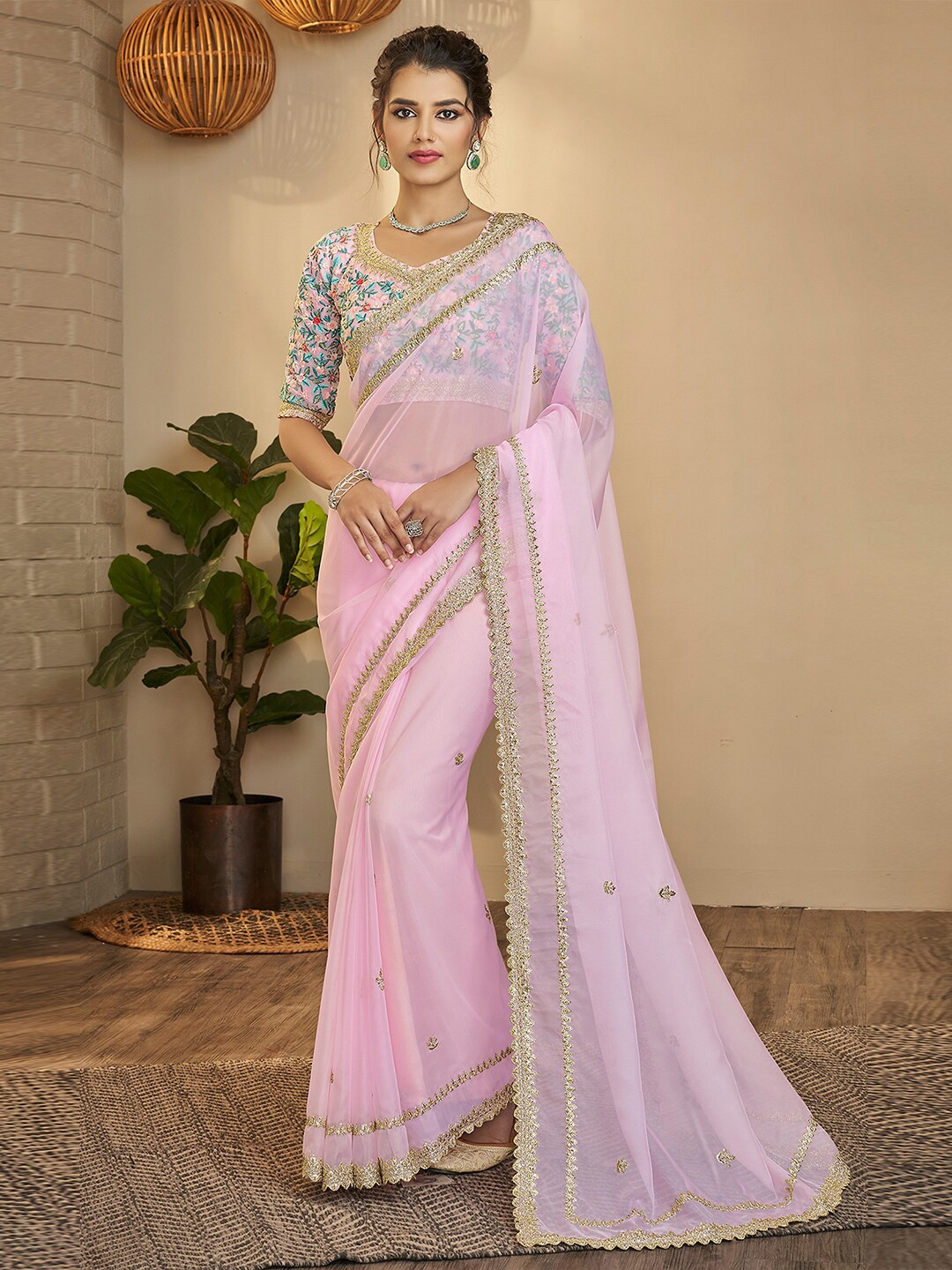 

saree.com Embellished Sequinned Organza Saree, Pink