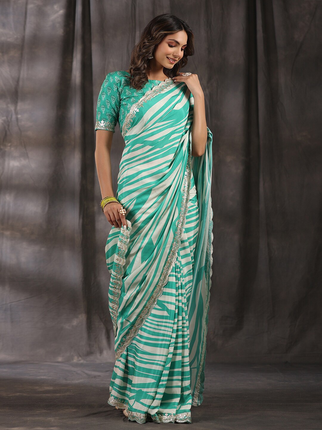 

saree.com Striped Printed Saree, Green