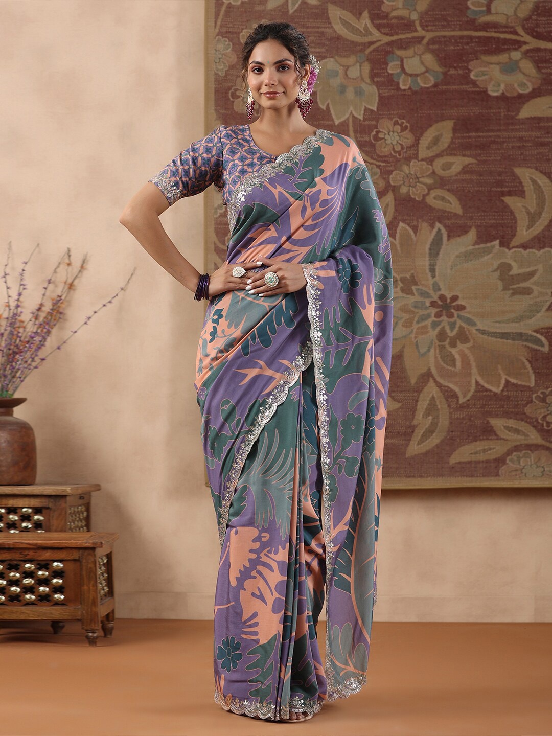 

saree.com Floral Printed Saree, Purple