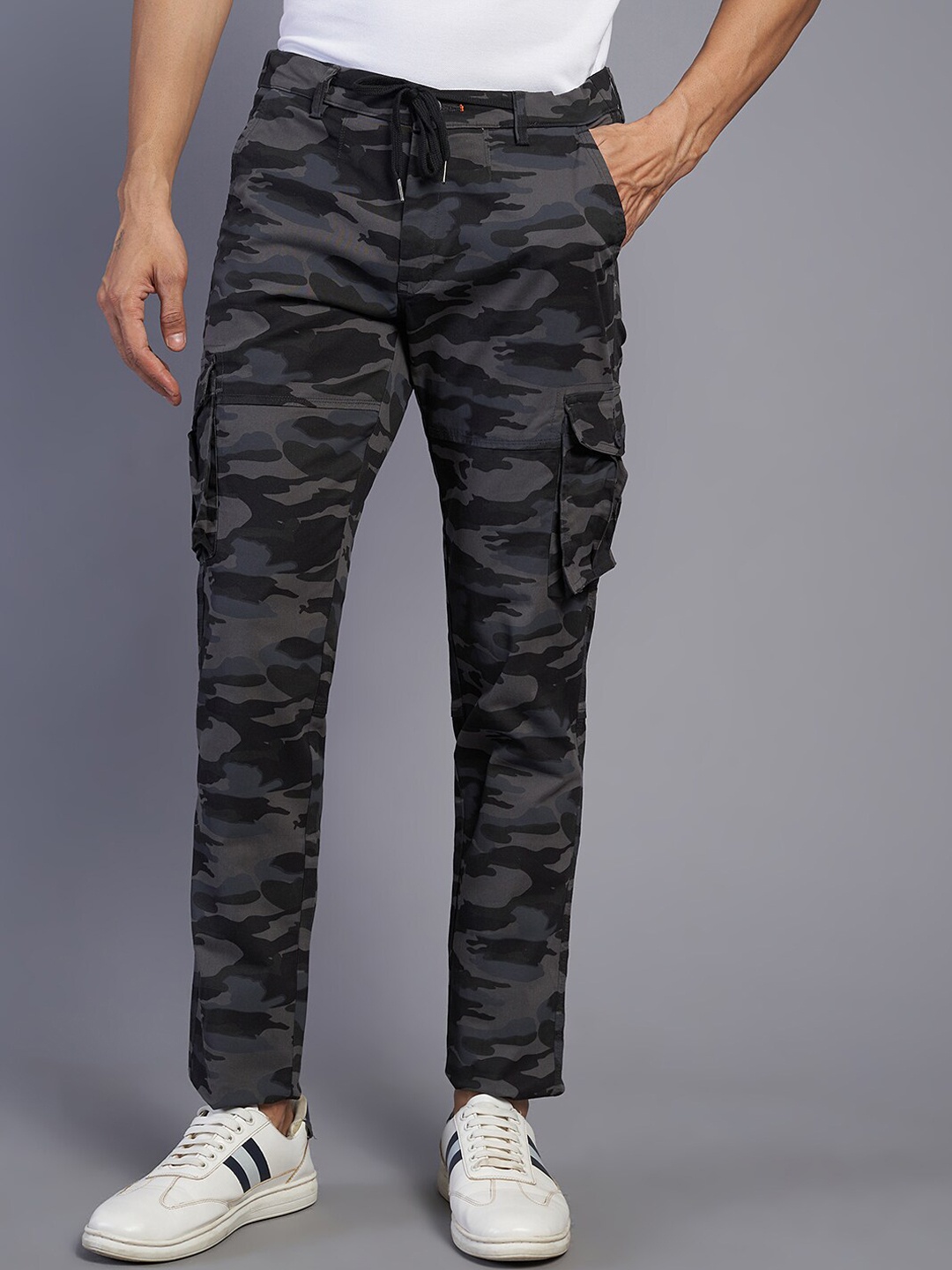 

JADE BLUE Camouflage Printed Slim-Fit Cotton Cargo Track Pants, Charcoal