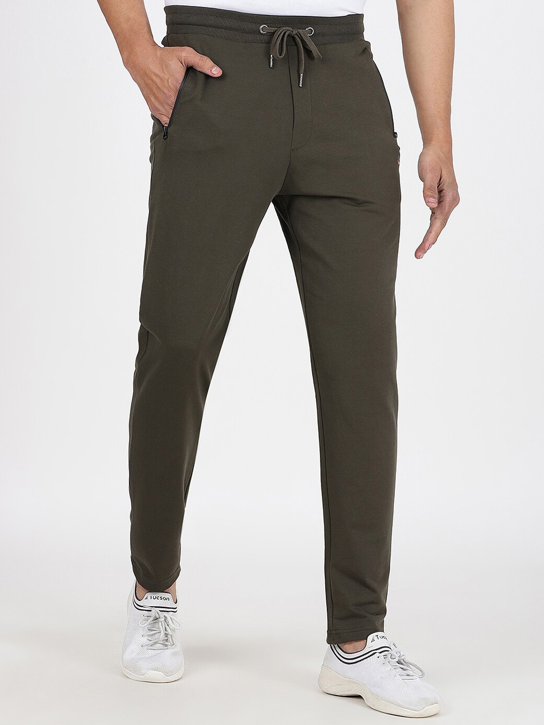 

JADE BLUE Slim-Fit Pure Cotton Track Pants, Olive