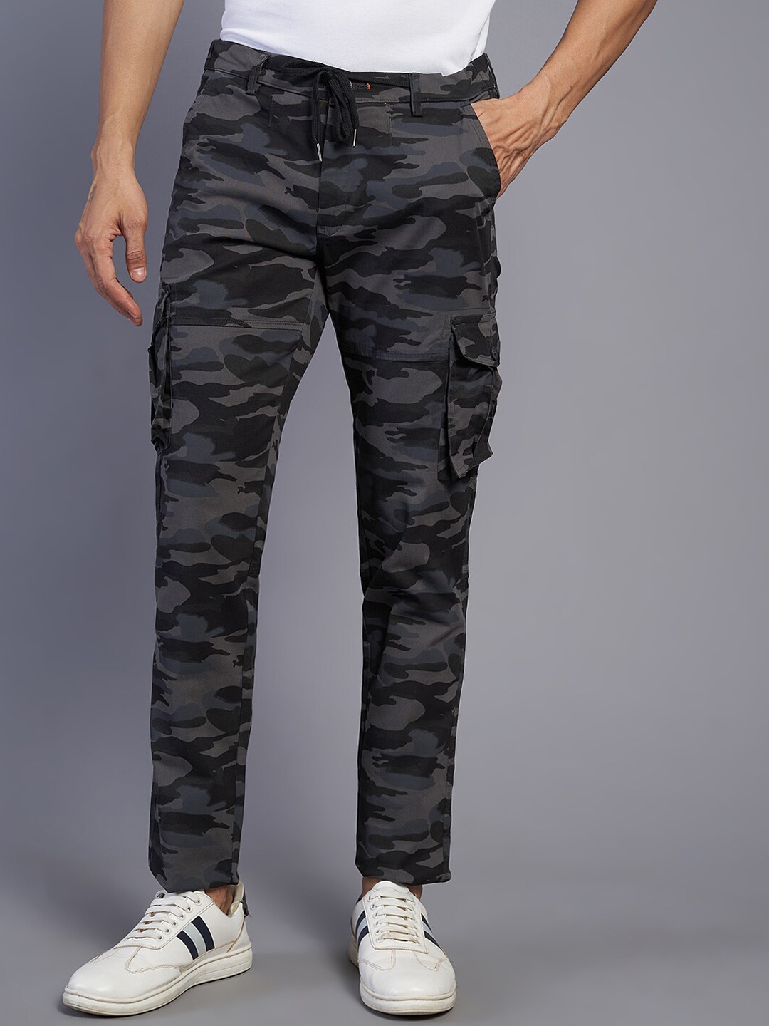 

JADE BLUE Camouflage Printed Slim-Fit Cotton Cargo Track Pants, Grey