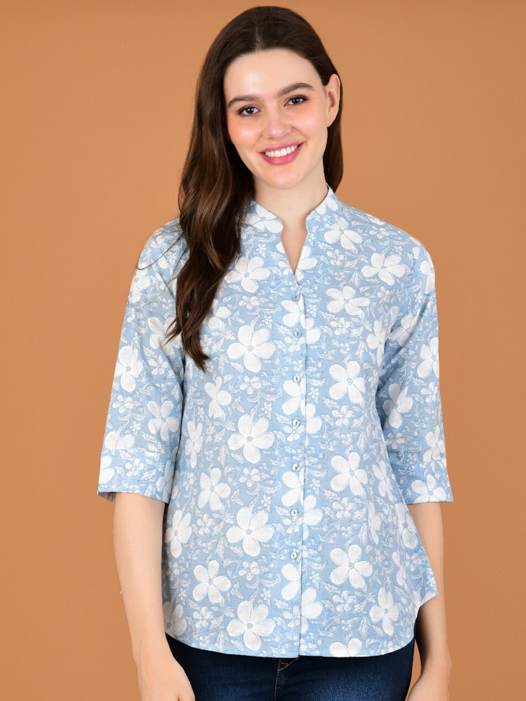 

Boholyfe Floral Printed Cotton Mandarin Collar Casual Shirt, Grey