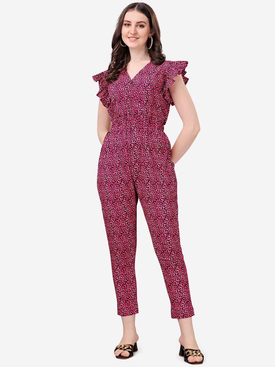 

Fashion2wear Printed V-Neck Flutter Sleeves Basic Jumpsuit, Pink