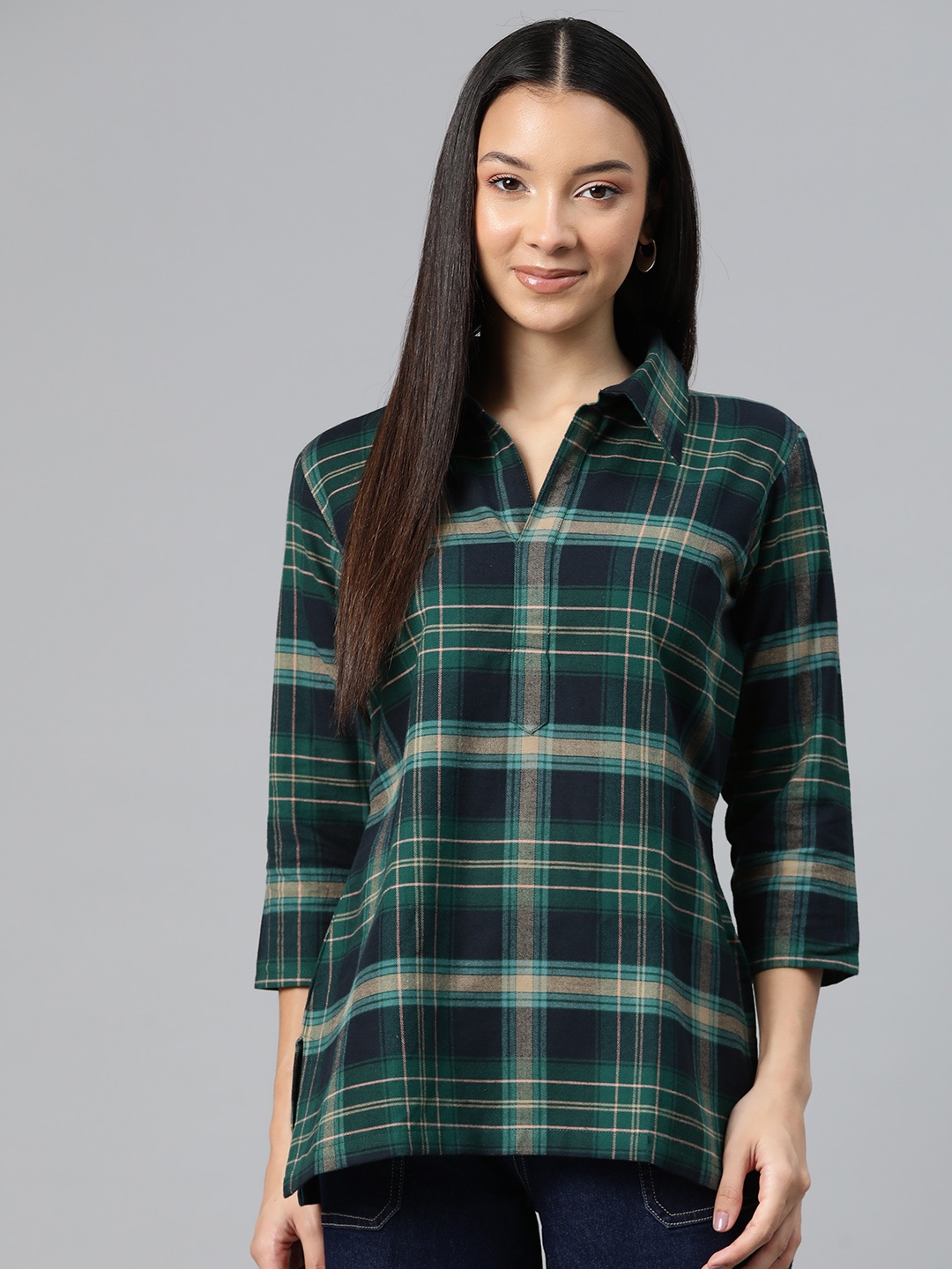 

One Femme Checked Cotton Shirt Style Longline Top, Green
