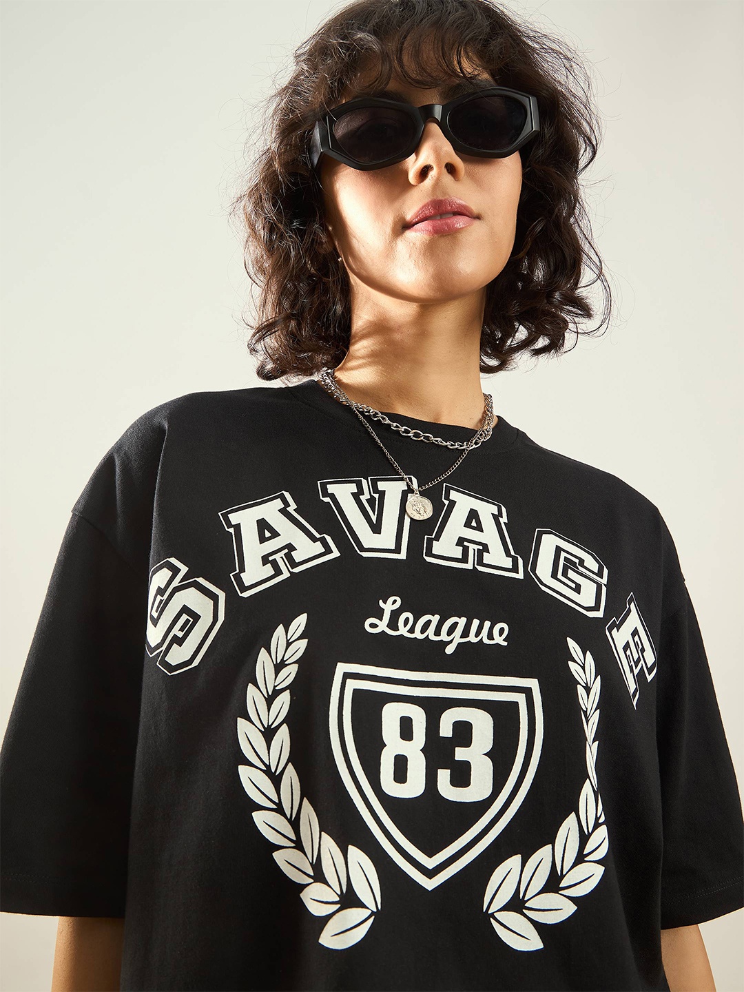 SASSAFRAS Black Typography Printed Round Neck Pure Cotton Oversized Crop T-shirt