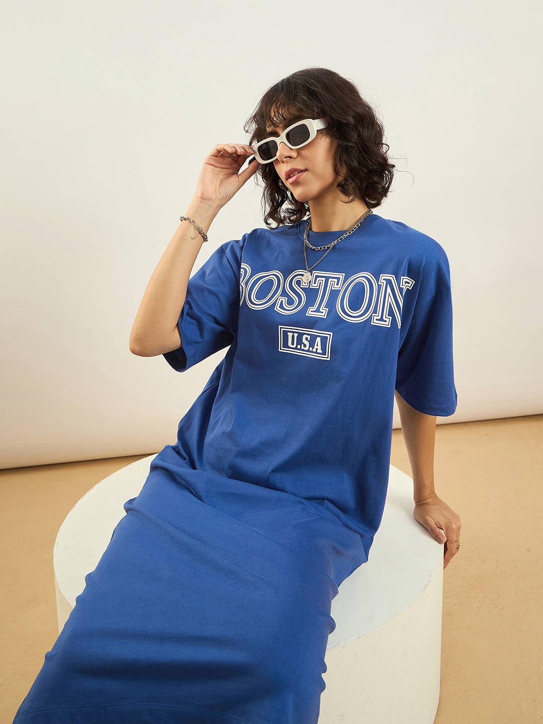 

SASSAFRAS Blue Typographic Printed Pure Cotton Oversized T-shirt Dress
