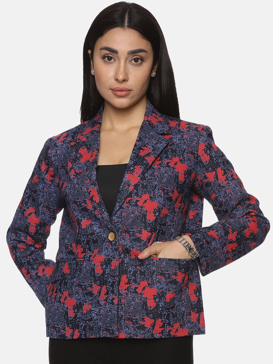 

Indyvarna Printed Cotton Notched Lapel Collar Single Breasted Blazer, Blue