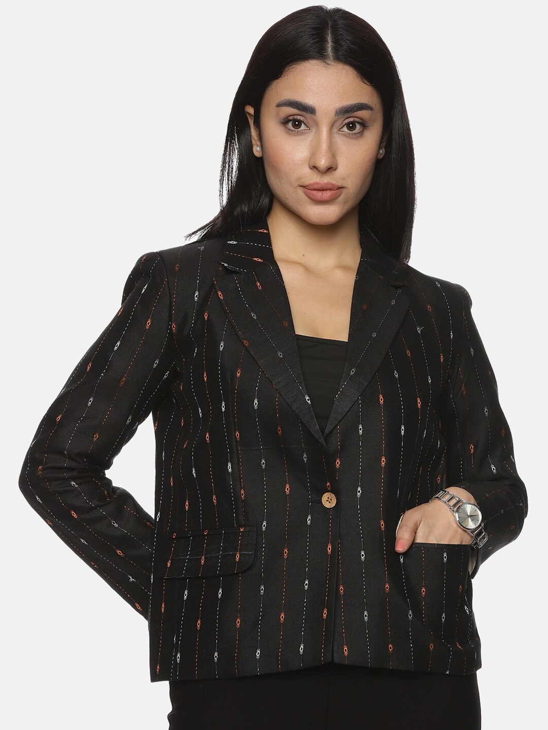 

Indyvarna Printed Notched Lapel Collar Single-Breasted Cotton Blazer, Olive