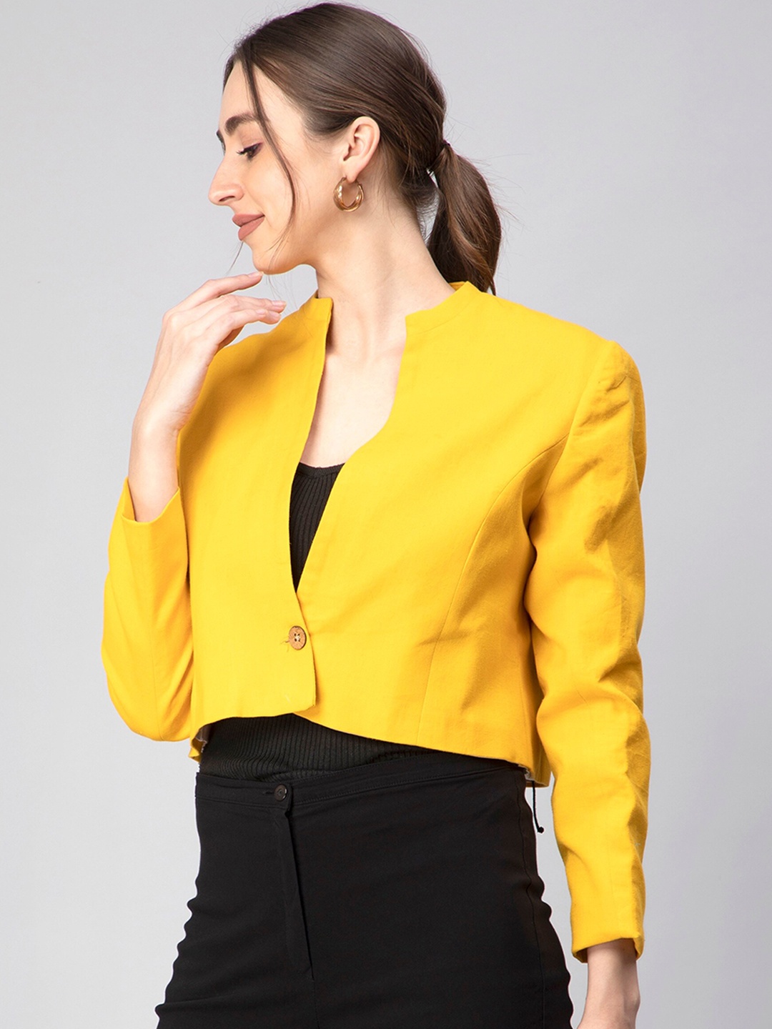 

Indyvarna Mandarin Collar Tailored Fit Single-Breasted Cotton Crop Blazer, Yellow