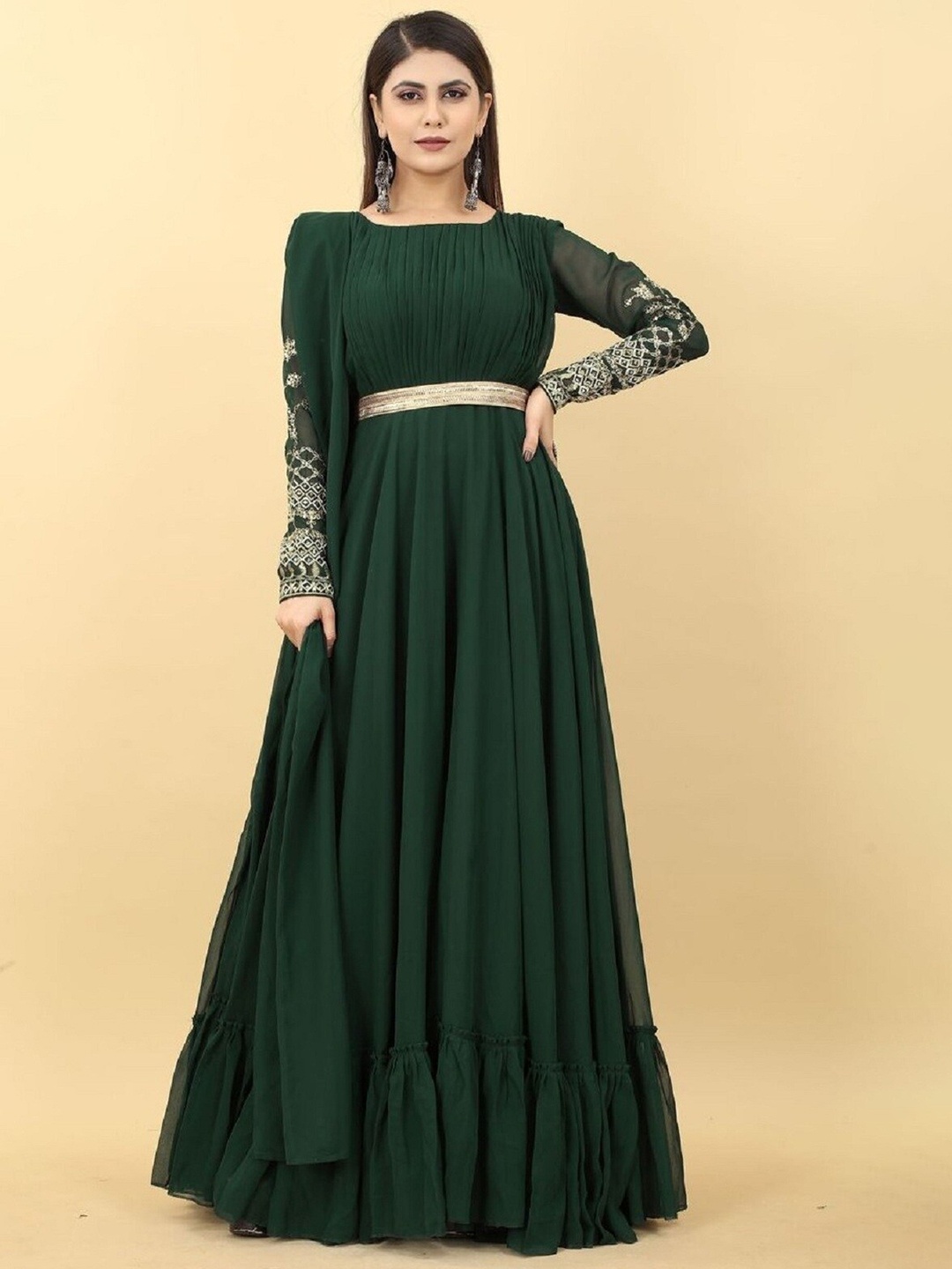 

Fashionuma Ethnic Motifs Embroidered Georgette Fit & Flare Maxi Dress With Dupatta, Green