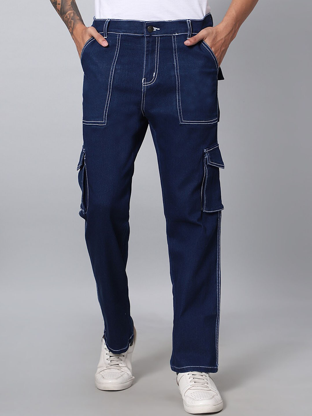 

ARBIA FUNKI Men Mid-Rise Clean Look Cotton Cargo Jeans, Blue