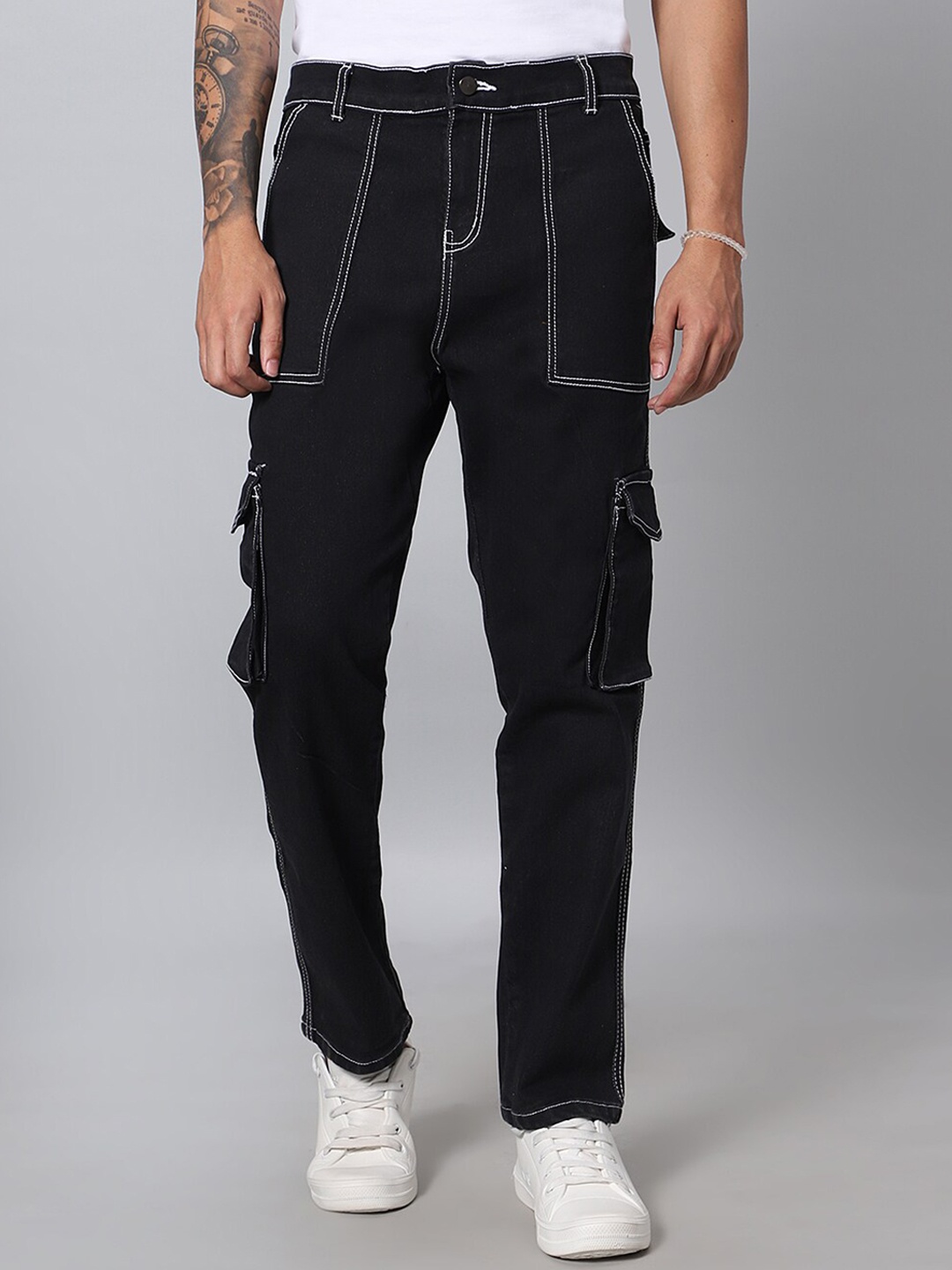 

ARBIA FUNKI Men Mid-Rise Clean Look Cotton Cargo Jeans, Black