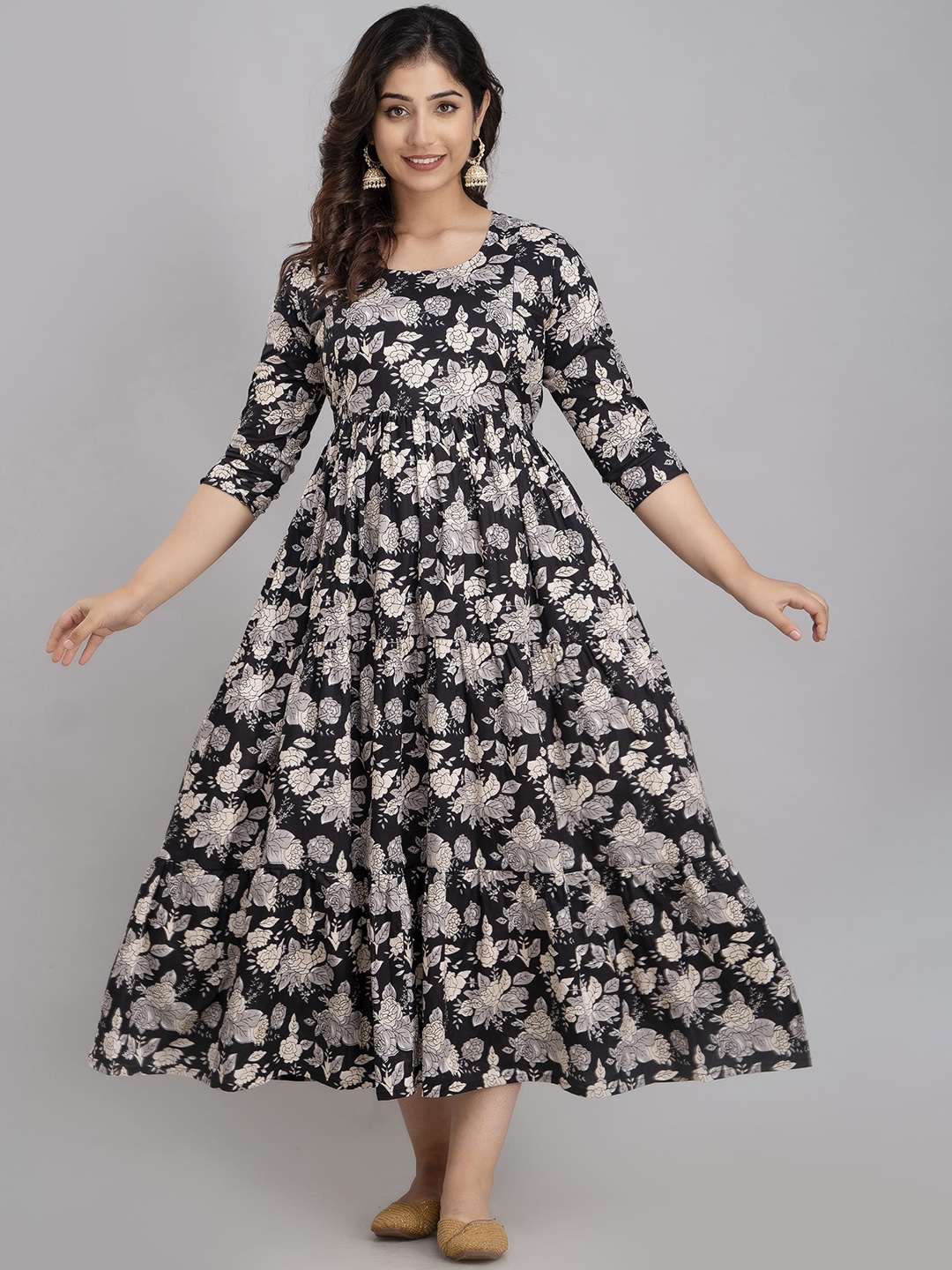 

Charnest Floral Printed Round Neck Maternity A-Line Dress, Black