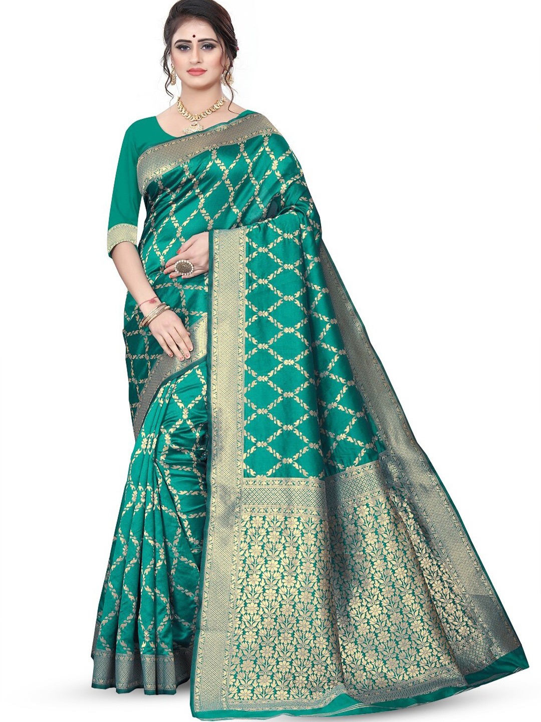 

THE WOMEN DECOR Ethnic Motifs Woven Design Zari Banarasi Saree, Turquoise blue