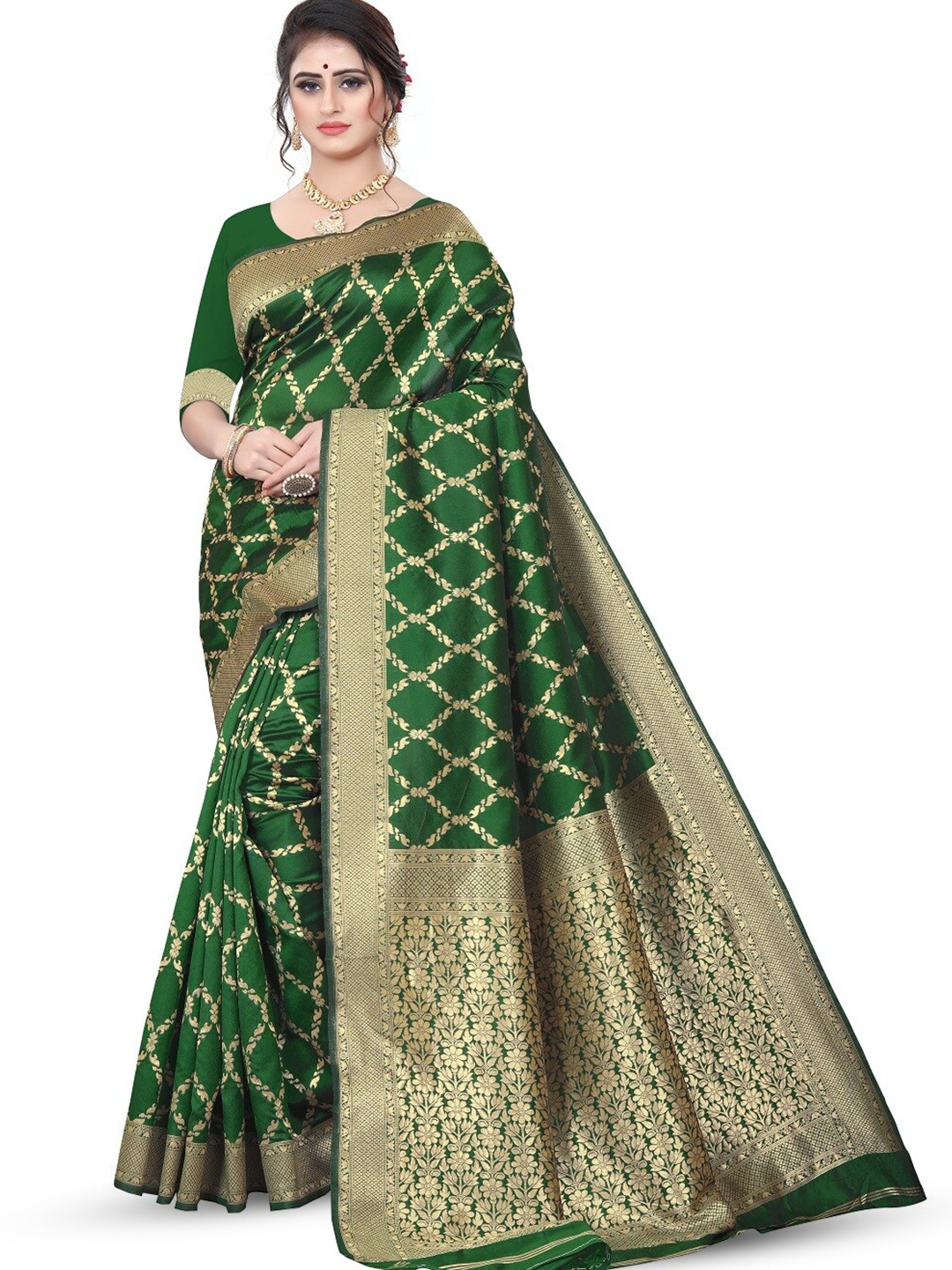 

THE WOMEN DECOR Ethnic Motifs Woven Design Zari Banarasi Saree, Green