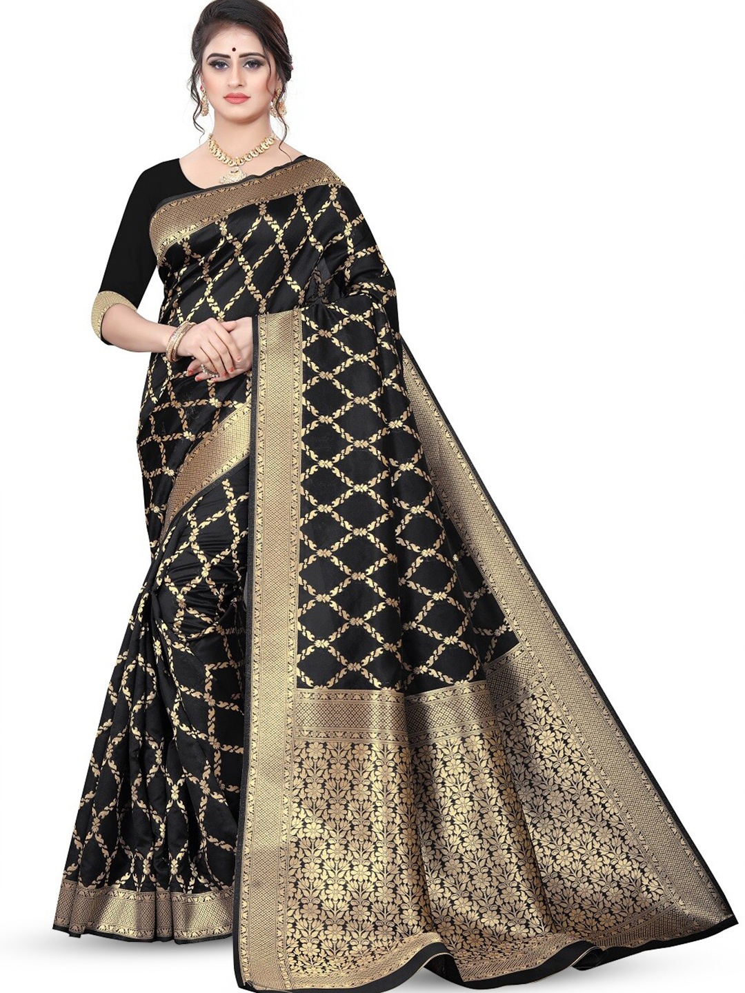 

THE WOMEN DECOR Ethnic Motifs Woven Design Zari Banarasi Saree, Black