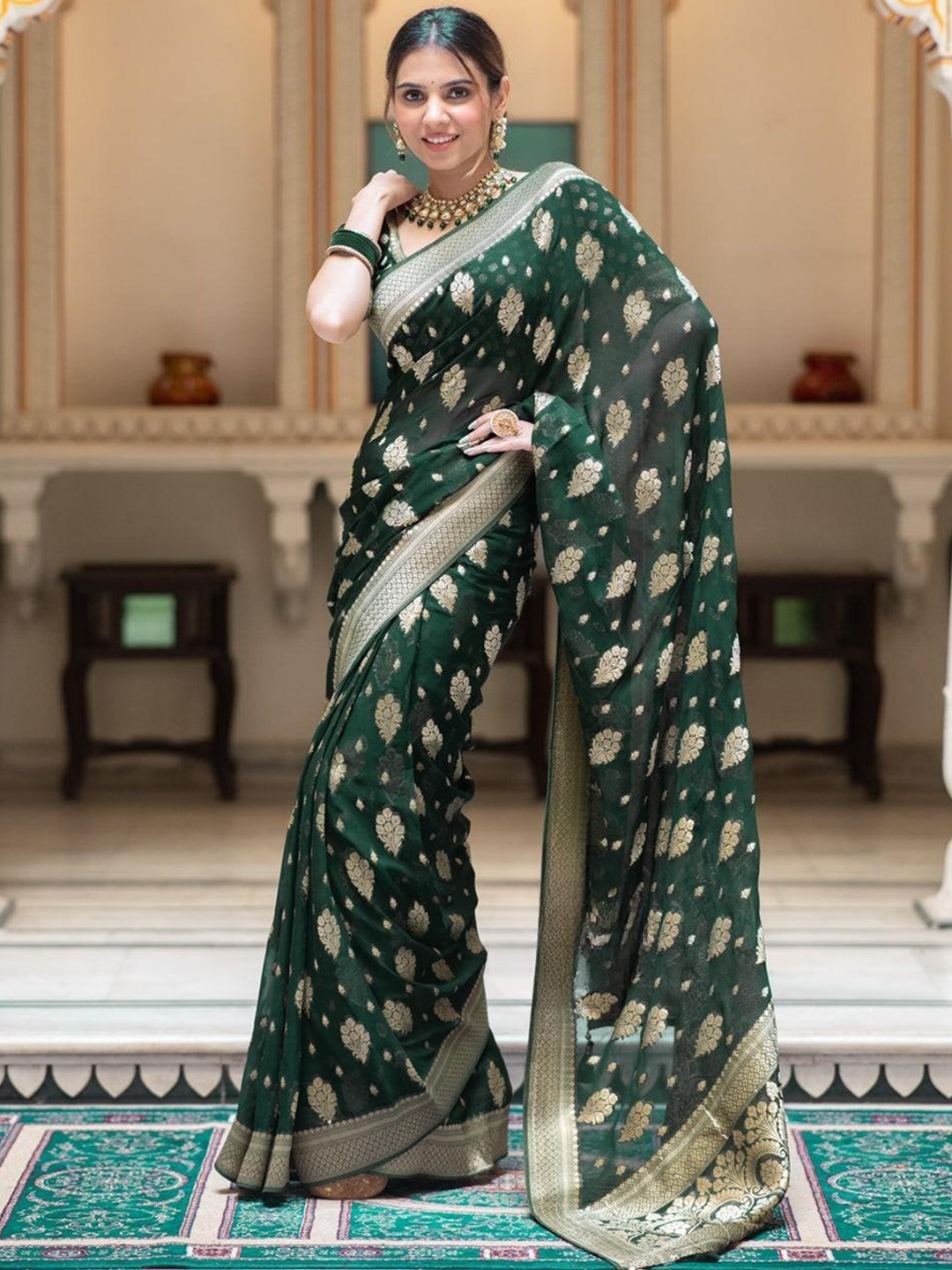 

S.K.C Zari Woven Banarasi Saree, Green