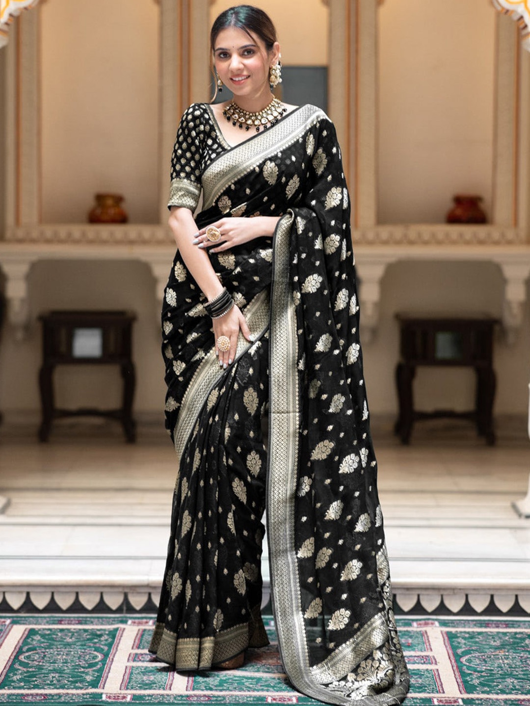 

S.K.C Floral Banarasi Zari Saree, Black