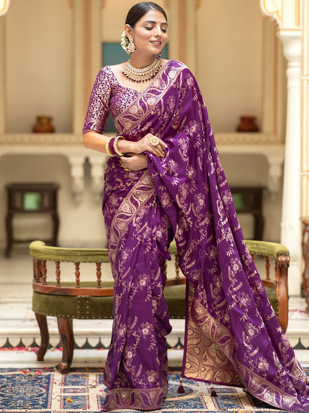 

S.K.C Floral Banarasi Zari Saree, Purple