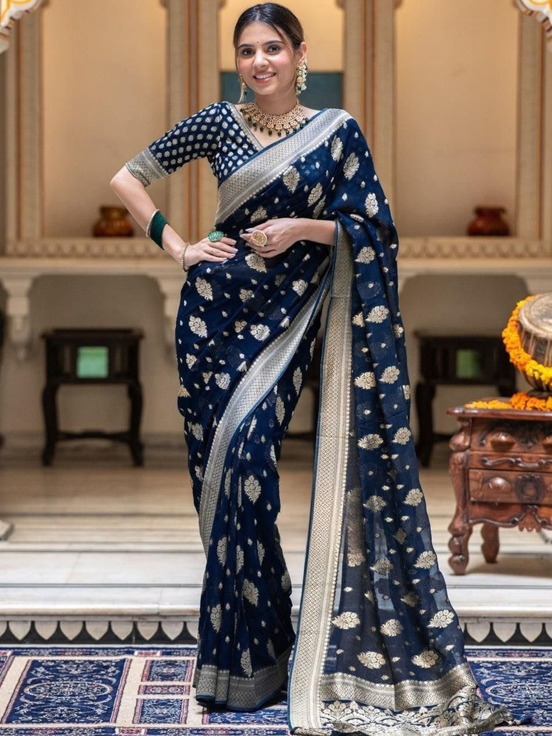 

S.K.C Woven Design Banarasi Zari Saree, Navy blue