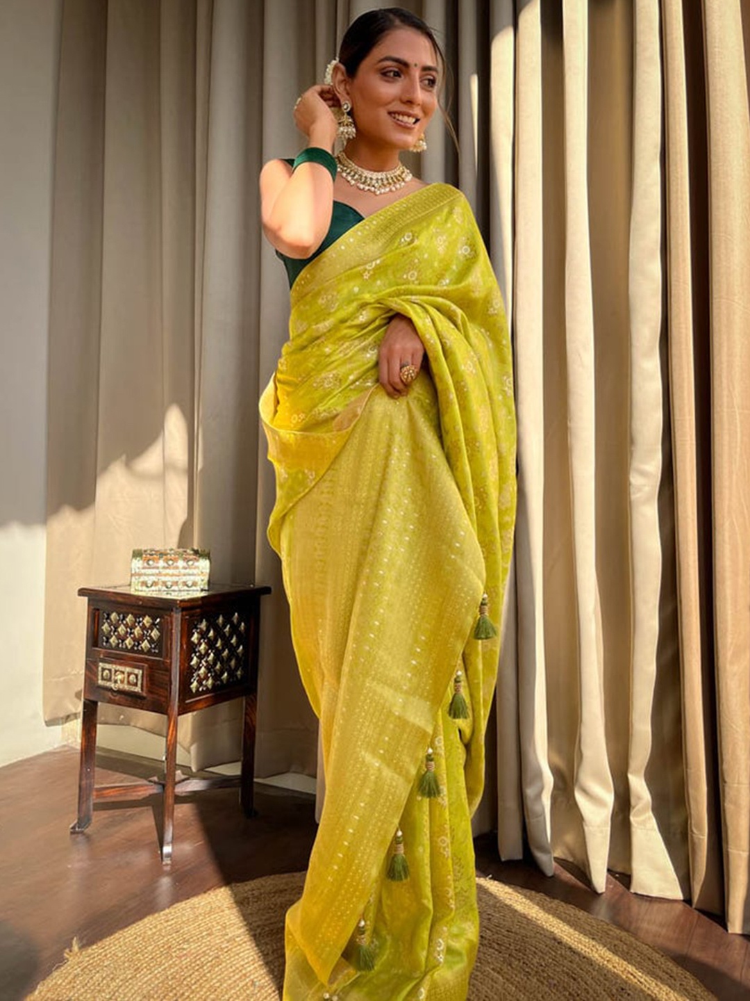 

S.K.C Ethnic Motifs Woven Designed Saree, Lime green