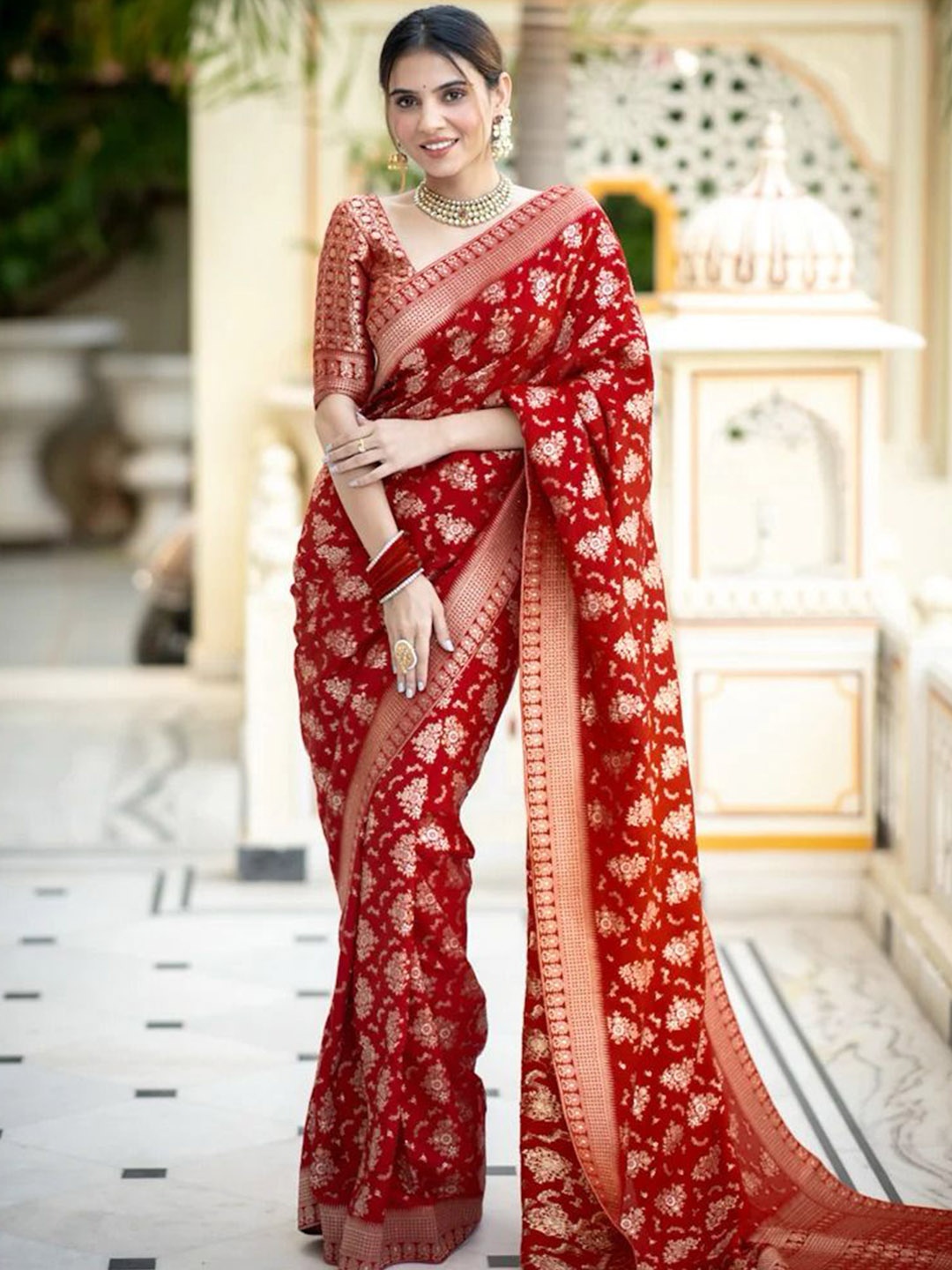 

S.K.C Floral Banarasi Zari Saree, Red