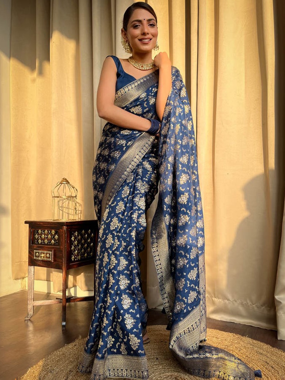 

S.K.C Floral Banarasi Zari Saree, Navy blue