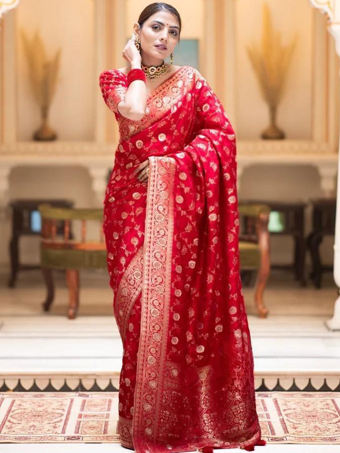 

S.K.C Woven Design Banarasi Zari Saree, Red