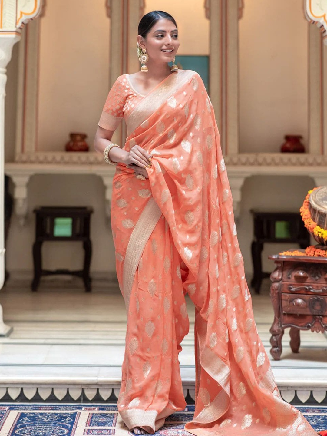 

S.K.C Floral Banarasi Zari Saree, Orange