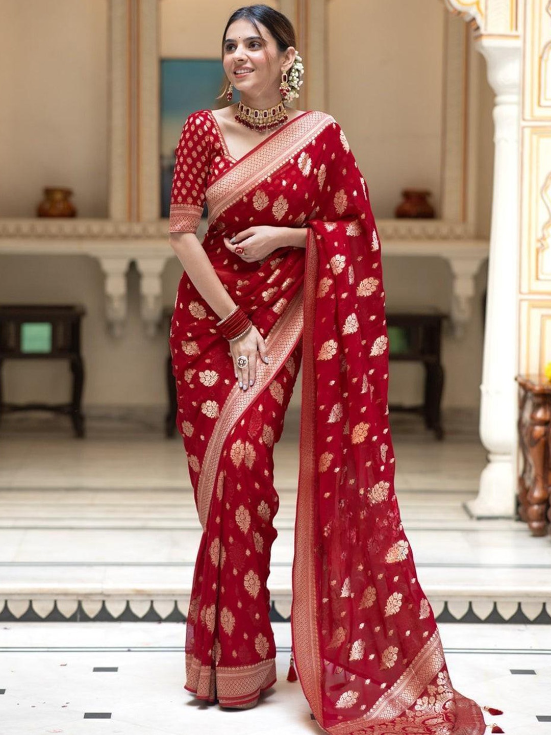 

S.K.C Woven Design Banarasi Zari Saree, Red