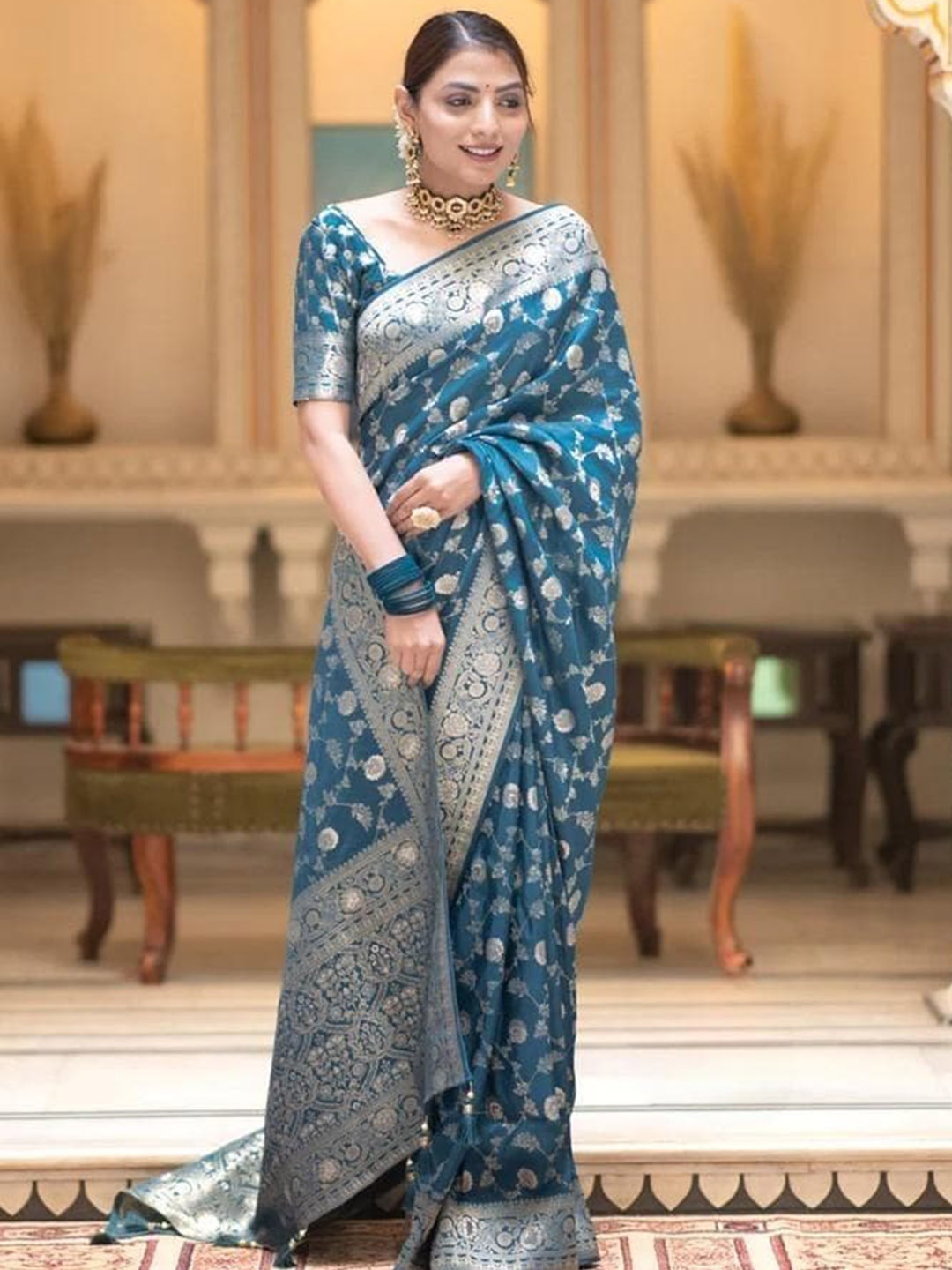 

S.K.C Ethnic Motifs Woven Designed Saree, Teal
