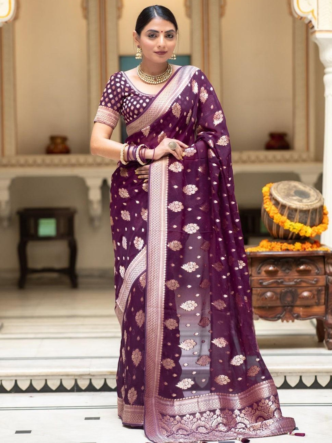 

S.K.C Ethnic Motifs Banarasi Zari Saree, Violet