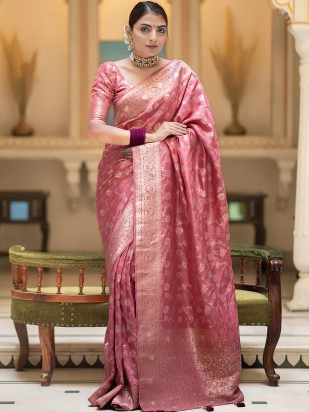 

S.K.C Ethnic Motifs Woven Designed Saree, Pink