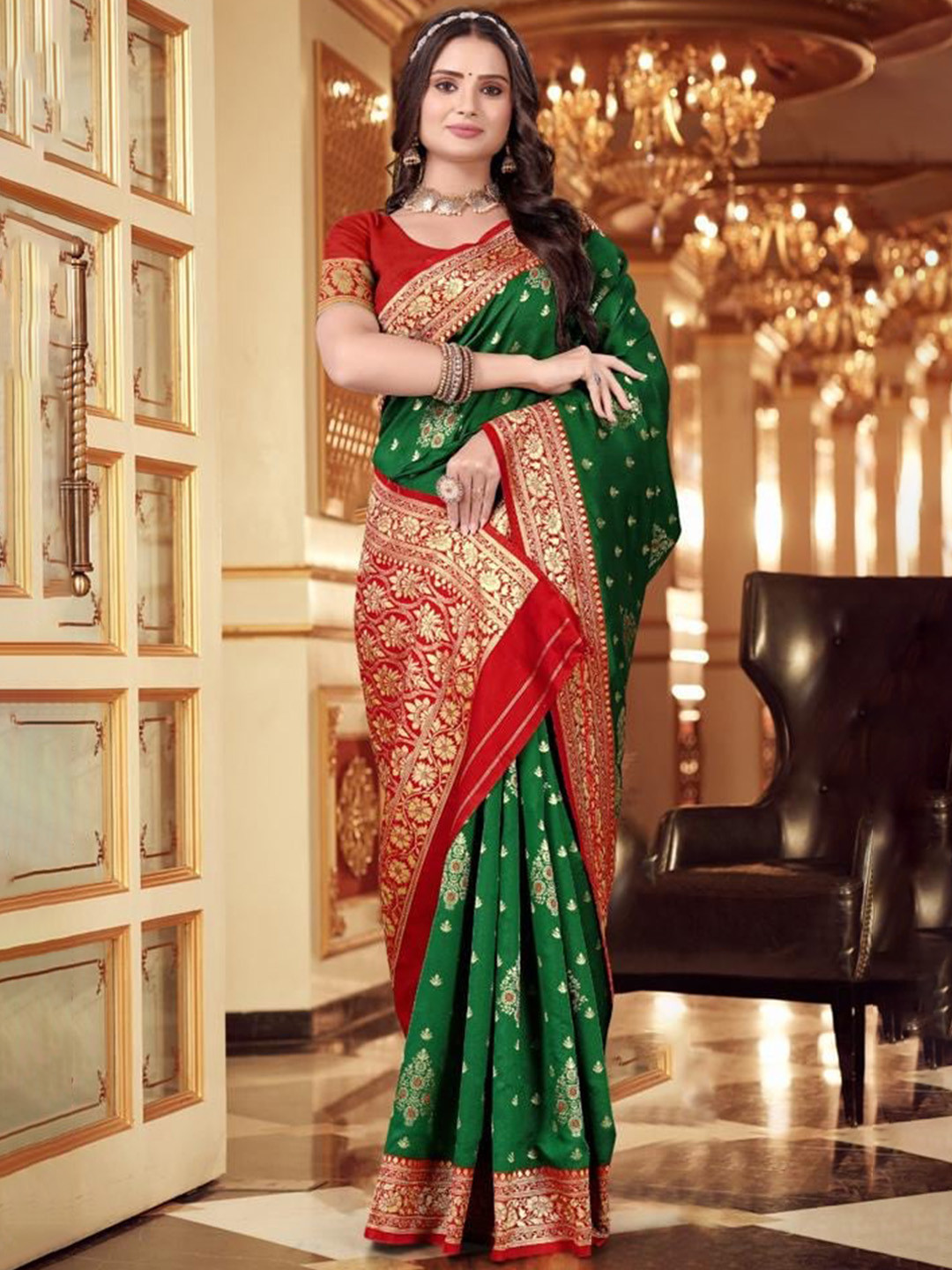

S.K.C Ethnic Motifs Banarasi Zari Saree, Green