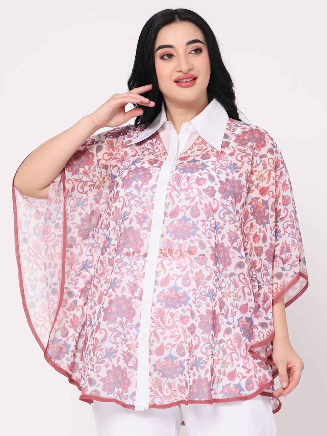 

TSM Floral Printed Shirt Collar Kimono Sleeve Georgette Kaftan Top, White