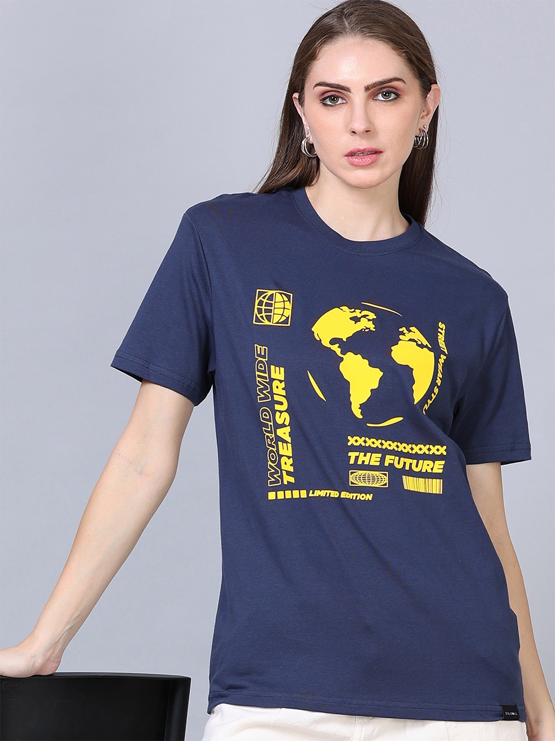 

SILISOUL Graphic Printed Cotton T-shirt, Navy blue