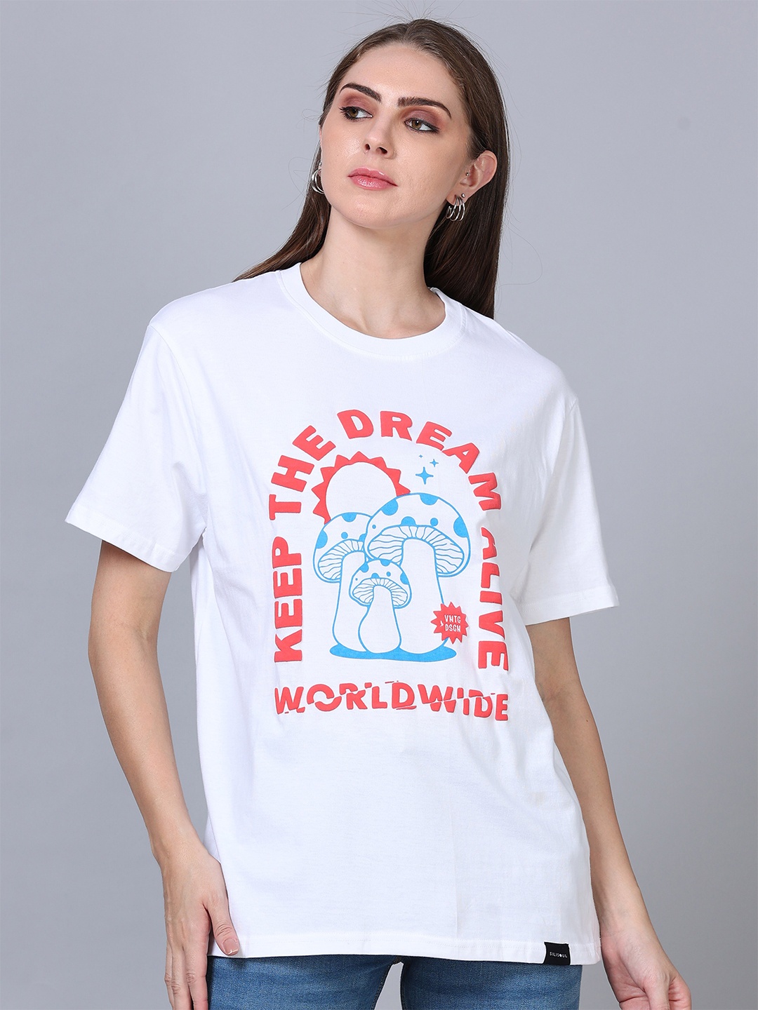 

SILISOUL Typography Printed Bio Finish Cotton T-shirt, White