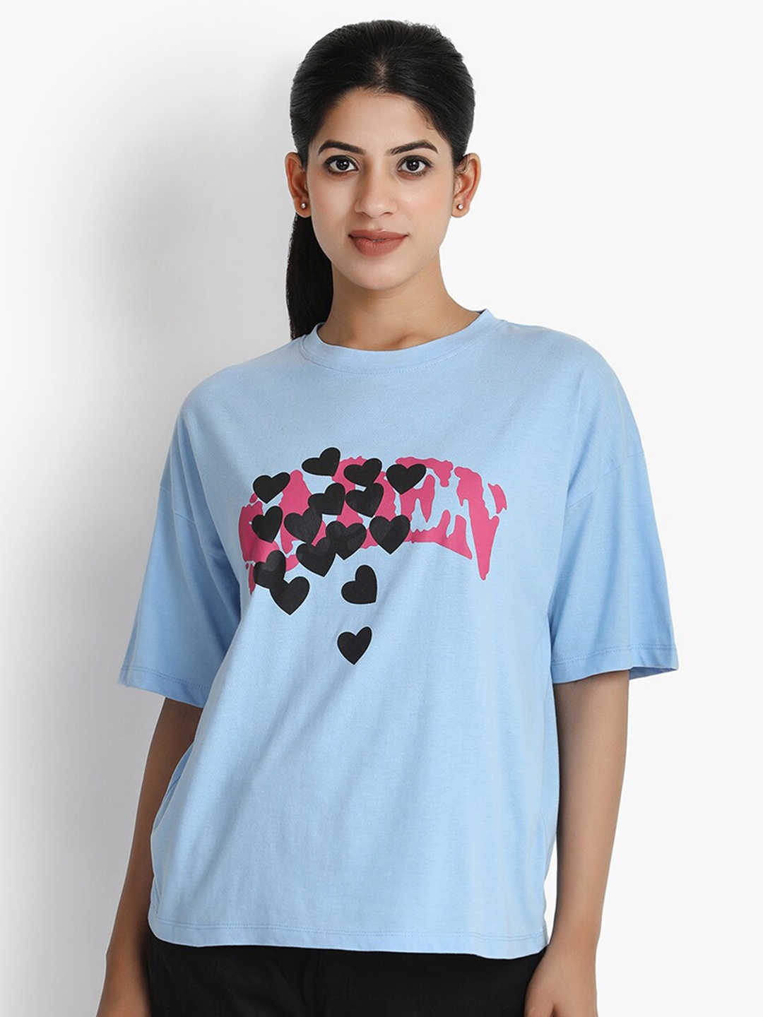 

putsum Graphic Printed Drop-Shoulder Sleeves Cotton Casual T-shirt, Blue