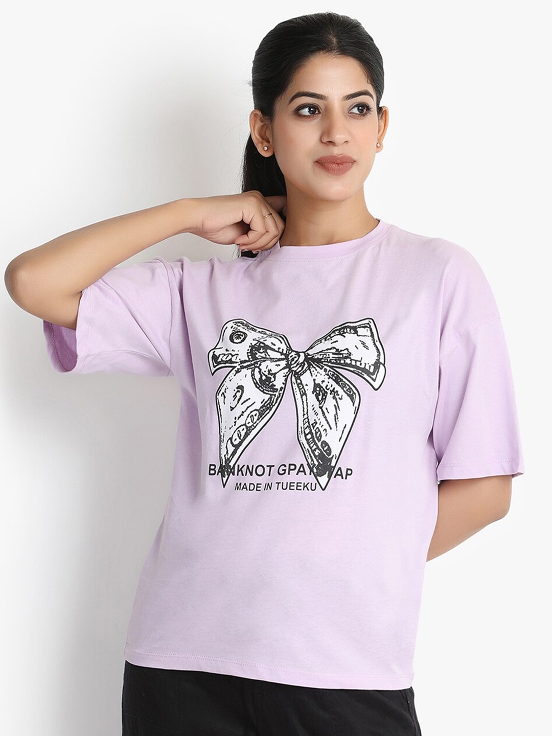 

putsum Graphic Printed Drop-Shoulder Sleeves Cotton Casual T-shirt, Lavender