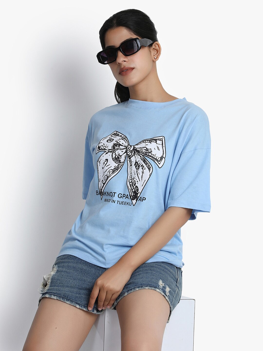 

putsum Graphic Printed Drop-Shoulder Sleeves Cotton Casual T-shirt, Blue