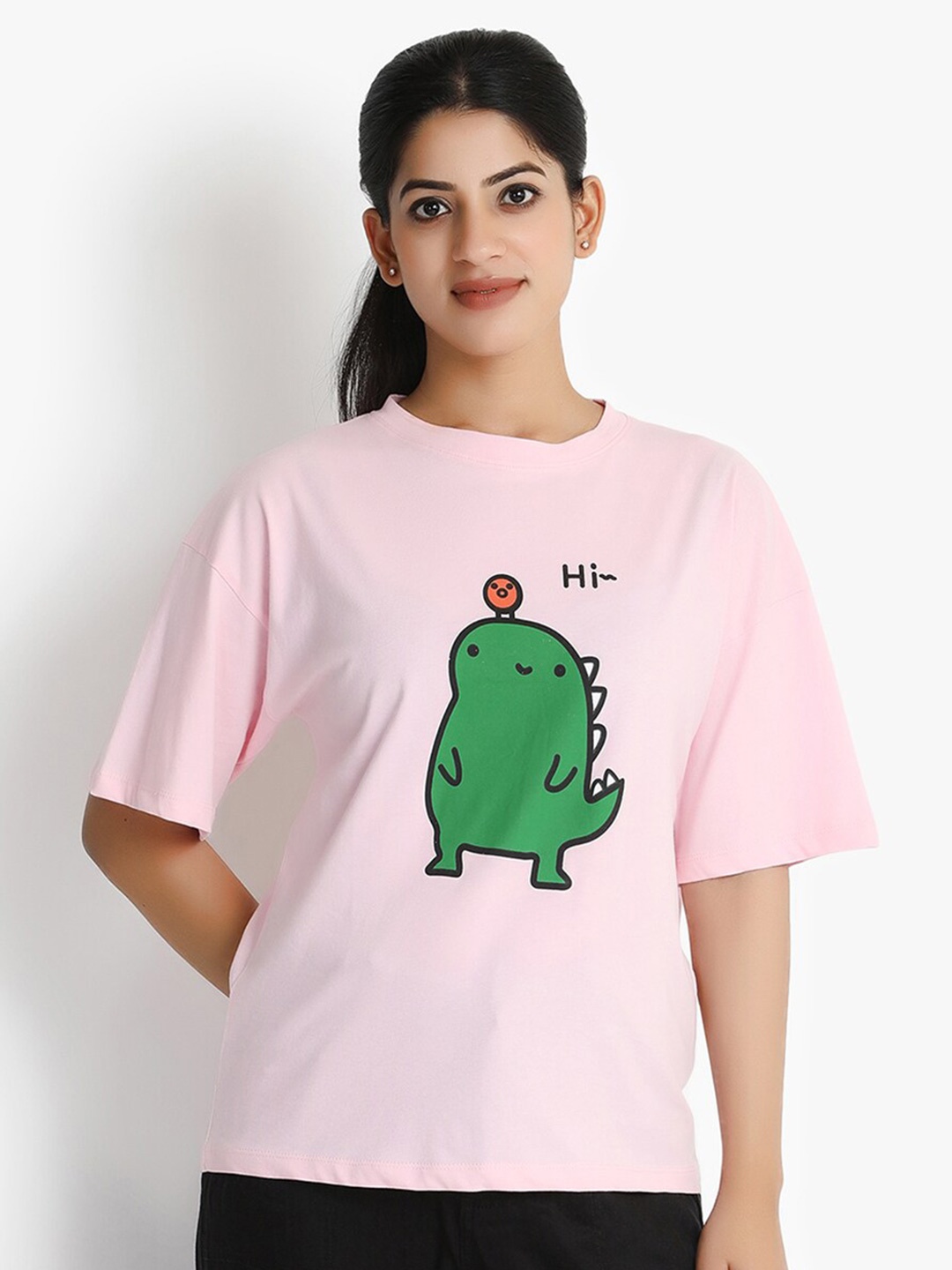 

putsum Round Neck Print Placement Print Cotton T-Shirt, Pink