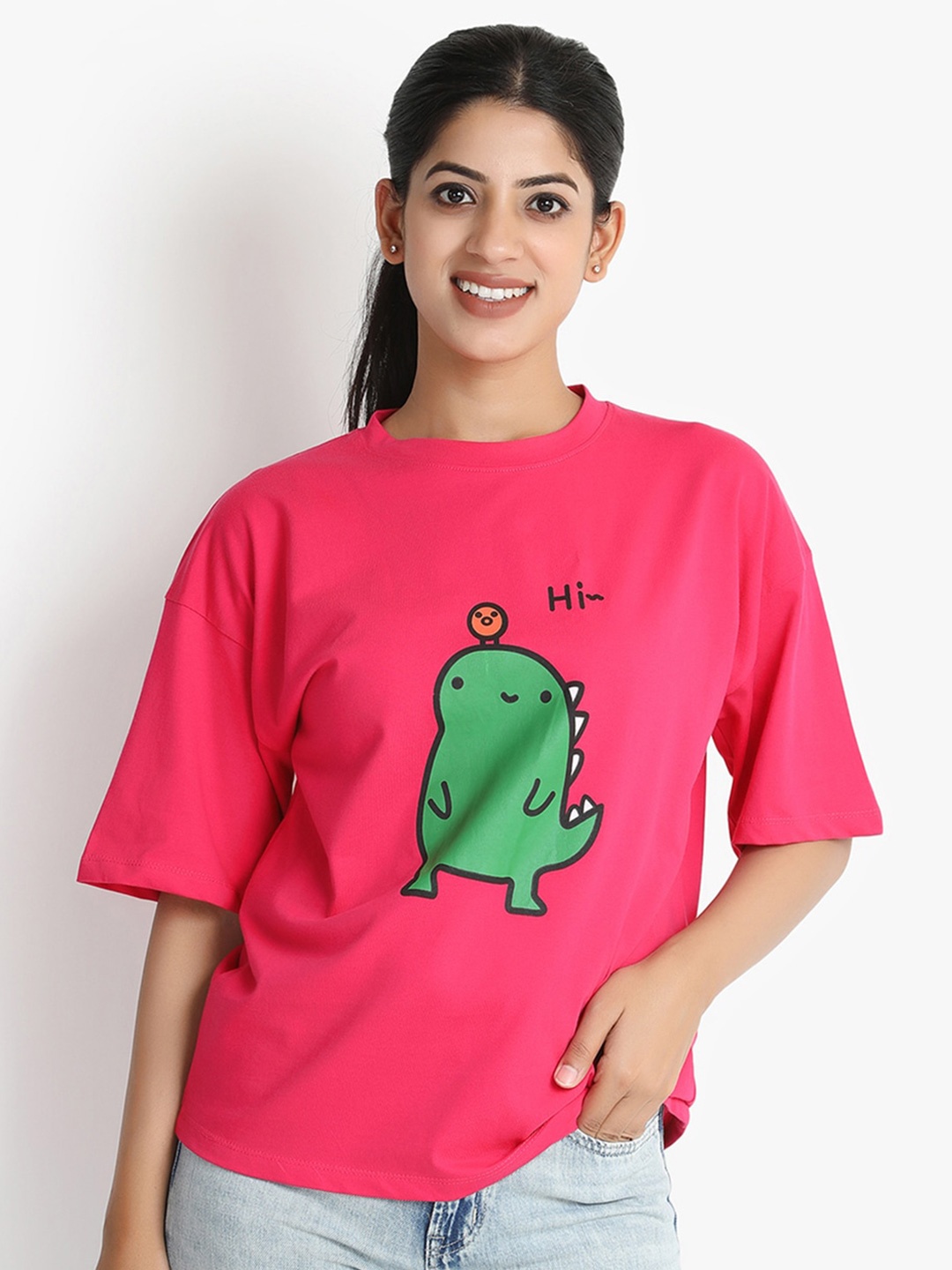 

putsum Graphic Printed Drop-Shoulder Sleeves Cotton T-shirt, Fuchsia