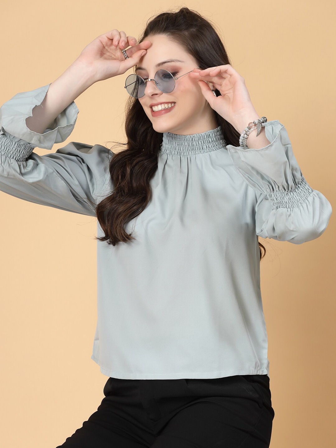 

RAASSIO High Neck Long Sleeves Crepe Top, Grey