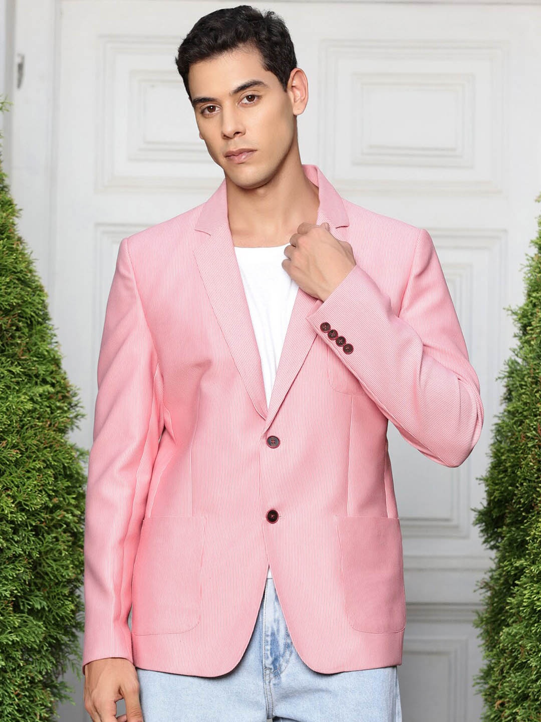 

Thomas Scott Men Slim-Fit Notched Lapel Collar Single-Breasted Blazer, Pink