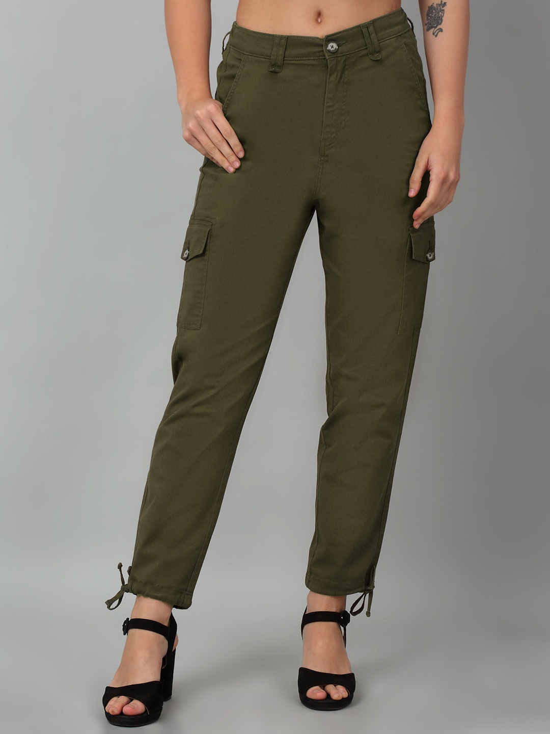 

Cantabil Women Mid-Rise Cotton Plain Cargos Trousers, Green